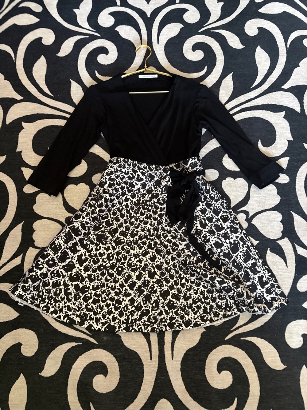 Diane von Furstenberg Black & White Patterned Wrap Dress with Tie Waist